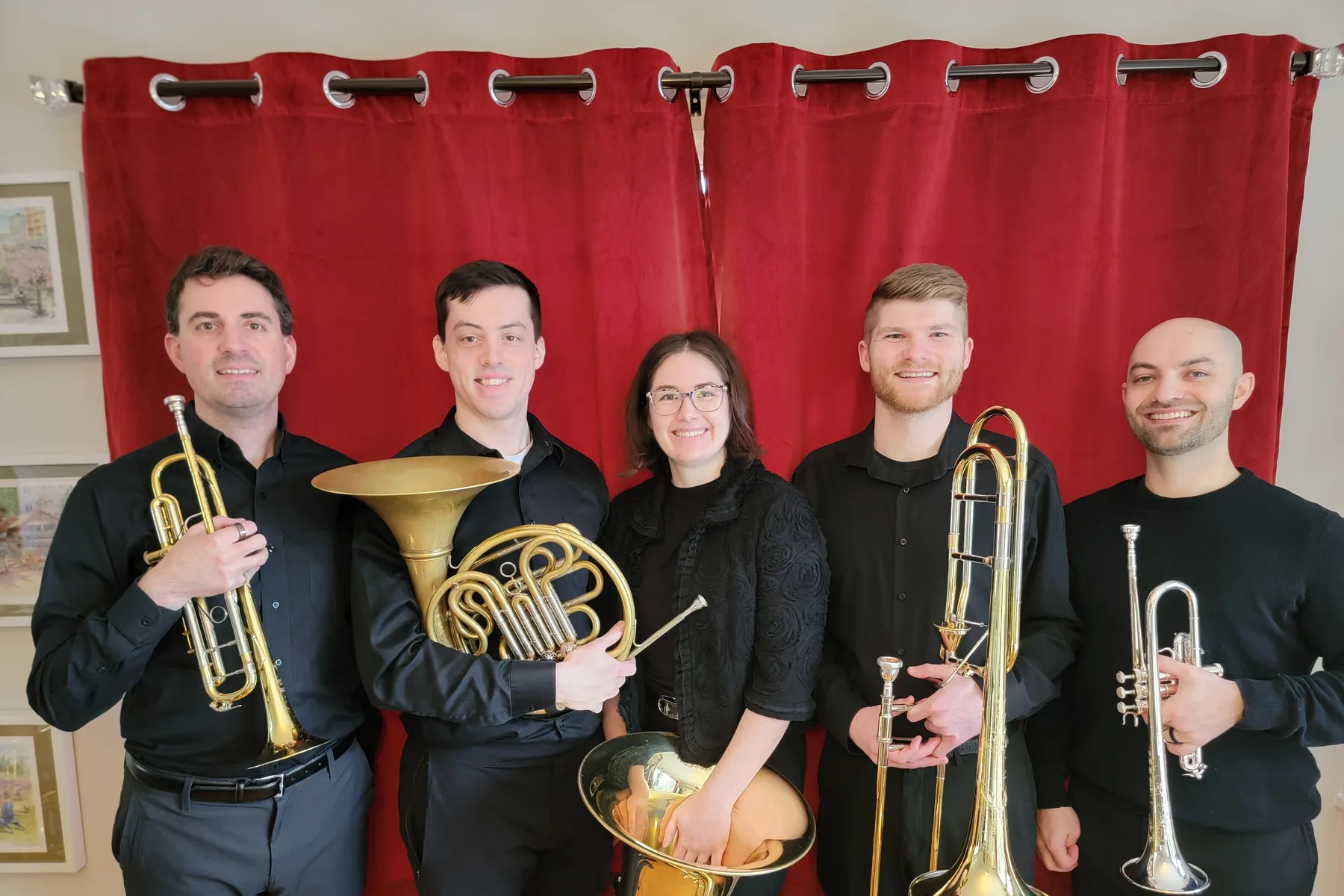 The five members of Olympus Brass in concert dress — two trumpets, French horn, trombone, and tuba